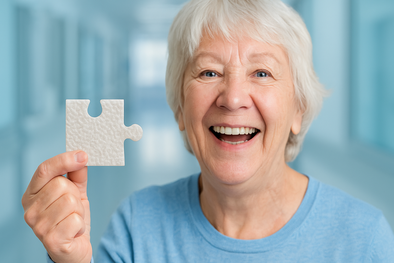 Lächelnde Frau mit Puzzleteil